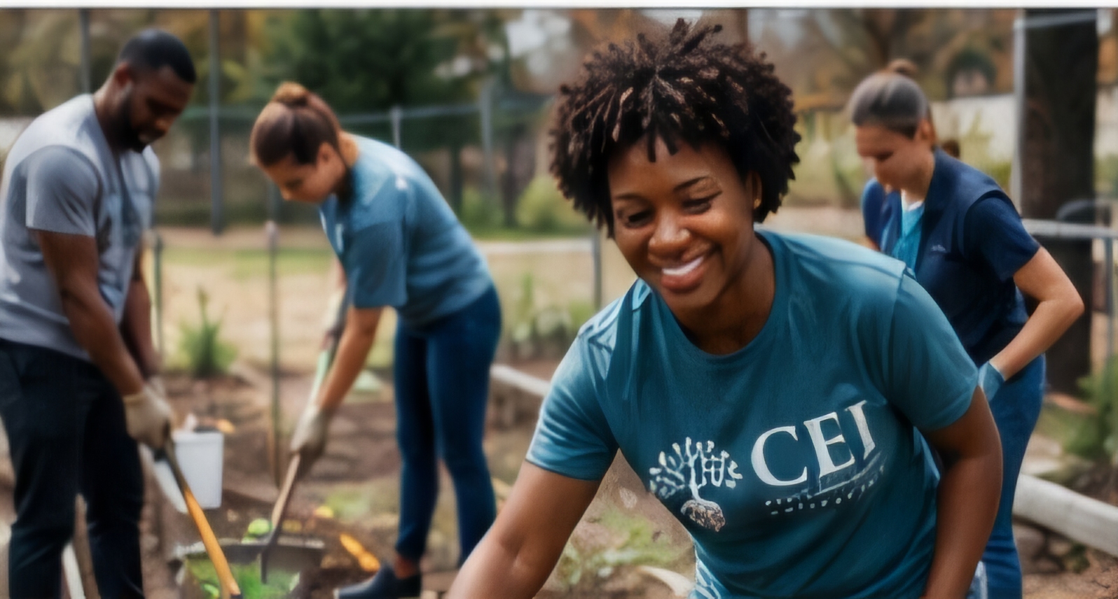 CEI volunteers working together outdoors in a community garden setting
