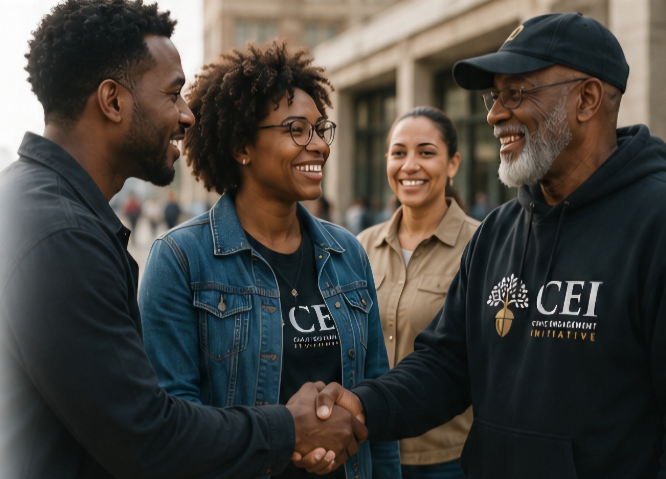 CEI community members smiling and shaking hands outdoors